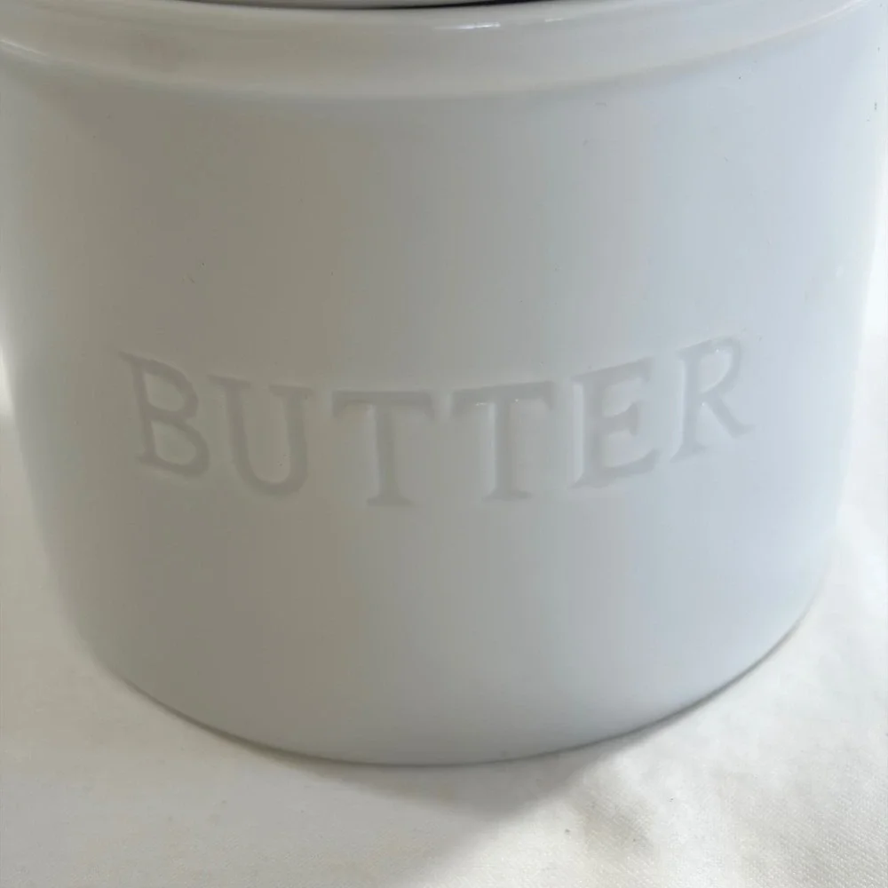 White Ceramic French Butter Bell Crock Farmhouse Embossed Butter Keeper